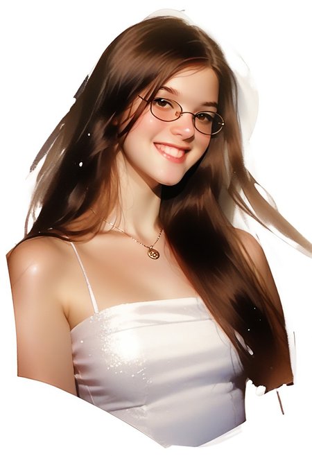 score_9, score_8_up, score_7_up, score_6_up, source_cartoon, 1girl, 30 year old female, solo, femenine, petite, lean, pale skin, thick nerdy glasses, eyelids brown, brown eyes, soaking wet hair, long hair, brown hair, smile, diaphonous white dress, bronze necklace, medium breasts, female focus, official style, close up, perfect anatomy, perfect face, standing,  abstract beauty, beautiful, centered, looking at the camera, approaching perfection, dynamic, moonlight, highly detailed, watercolor painting, artstation, concept art, smooth, sharp focus, illustration, portrait