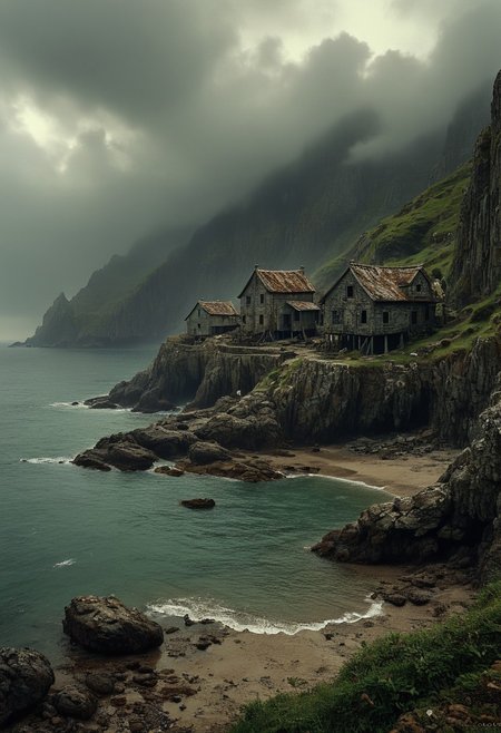 Abandoned Fishing Village on Rocky Shoreline
An old, weathered fishing village clings to a rocky shoreline, shrouded under heavy clouds that cast a moody atmosphere. Gerhard Richter’s ethereal sense of atmosphere envelops the scene, infusing it with a haunting beauty. Oscar Ukuno’s hyper-shaded realism defines the intricate textures of the weathered wood and rugged stone, bringing each element to life. David Kassan subtly incorporates human presence, hinting at stories of the village's past. Together, these artists create a compelling narrative of abandonment and nostalgia, evoking a sense of mystery and the passage of time along the coast.
vivid colors. 
detailmaximizer, aidmaMJ6.1,  Movie Still, Film Still, Cinematic, Cinematic Shot, Cinematic Lighting, detailxl, flux-style, midjourneyv6.1