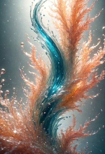 An abstract shape, amazingly fluid, made of glass, detailed, 3d fractals, light particles, water drops, shimmering light, surreal, ink, smooth, shimmering, glow, cinematice contrast, Glow, 
16k