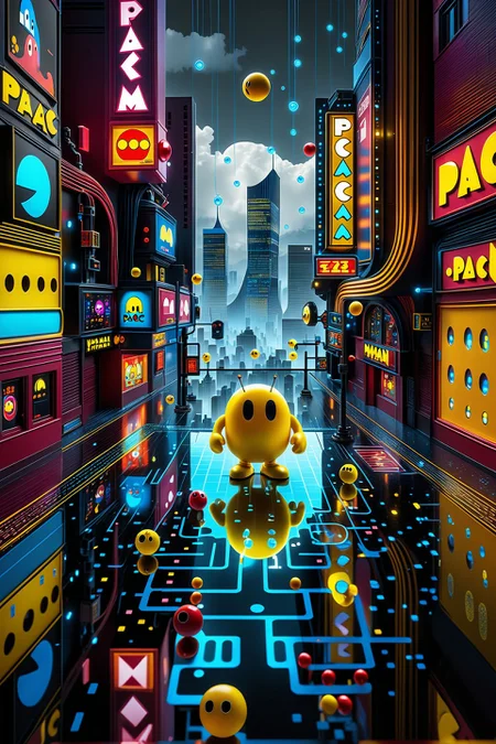In a whimsically haunting scene, a digital giant Pac-Man materializes in a tilt-shift photograph. The main subject is a translucent figure with glitching pixels, floating above a miniature cityscape. The image, a digital painting, captures Pac-Man in vivid detail - ethereal wisps of code swirling around its form, glowing eyes reflecting bits of data. The high quality of the image allows for intricate details of Pac-Man's pixelated essence to shine through, creating a truly mesmerizing and otherworldly visual experience. (Masterpiece:1.2), 8K, perfect symmetry, UHD, ultra resolution, best quality, best details, best artist, sharp edges, detailed textures, full view, atmospheric lighting, visually stunning, perfect composition, trending on behance