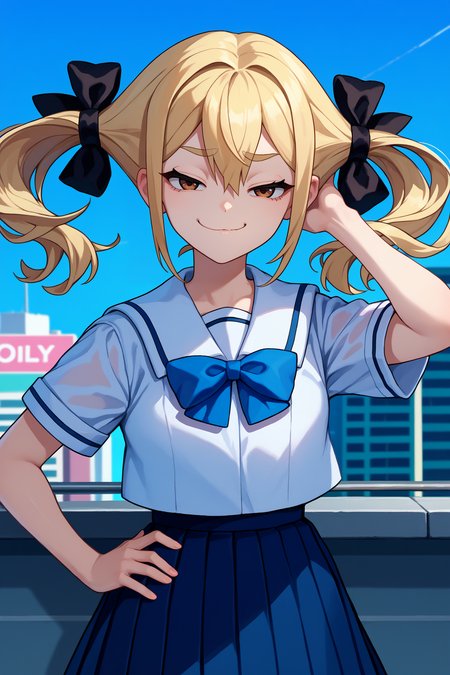score_9, score_8_up, score_7_up, score_6_up, source_anime, 1girl, solo,  <lora:rnfrau-pdxl-nvwls-v1-000005:1> rnFrau, blonde hair, brown eyes, twintails, hair ribbon, white shirt, white sailor collar, short sleeves, blue bow, pleated skirt, blue skirt, looking at you, smug, city, blue sky, hand on hip, upper body