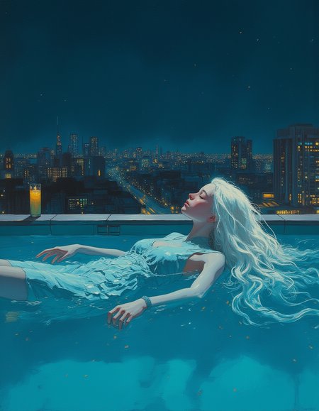 masterpiece, high quality, Oil Painting, A calm and dreamlike scene of a android girl floating peacefully on her back in a quiet rooftop pool under a vast, starry night sky. She is 12 year old android with a fully robotic body and chrome skin. Her eyes are gently closed, her expression serene and reflective, as if she's lost in a tranquil dream. Her long, white hair fans out around her in the water, drifting slowly with the ripples. The soft, aqua-blue glow from the pool's underwater lights casts a delicate, ethereal illumination on her chrome metal skin, enhancing the peaceful atmosphere. Tiny flecks of golden light float around her on the water's surface, reminiscent of stardust, adding a magical quality to the scene. Above, the night sky is clear and filled with stars, some reflected in the still water, blending seamlessly with the Cyberpunk city lights from the distant skyline. Warm ambient lighting from the poolside softly illuminates the surroundings, casting subtle shadows that enhance the scene's depth. The woman's body is relaxed, with her arms gently floating beside her, fingers slightly spread, as though she's surrendering herself entirely to the calmness of the water. The silence of the rooftop at night, the soft glow of the pool, and the delicate reflections create an atmosphere that feels both timeless and surreal, as if she's drifting between reality and a dream.
ultra detailed, romantic, Focus on the girl, shadow and light, Masterpiece, intricate lines, intriguing atmosphere, sharp magnificent details, delicate features, elaborate details, (2\3 rule composition:0.5), ultra detailed, romantic, Rembrandt lighting, brush stroke, lovely, novuschroma, in the style of Rembrandt. vantablack <lora:style_of_Rembrandt_FLUX_135:.8> <lora:- Flux1 - vanta_black_V2.0:.6> <lora:113_novuschromaFLX_1:.2> <lora:Midjourney_Whisper_Minimal:.3> <lora:neeeg_f1:-1>  <lora:CPA:.6>