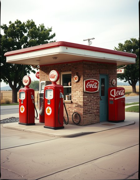 A realistic vintage photograph of a 1950s American gas station with no people present. The small brick building has a flat roof with a wide canopy extending over two classic red gas pumps from the 1950s, featuring chrome details, round meters, spiral hoses, and retro branding like "Texaco" or "Shell".The ground is old concrete with cracks and oil stains. Beside the station, there's a vintage Coca-Cola vending machine and a hand-painted wall sign that reads âDrive Safely!â. The sky is lightly overcast, casting soft shadows and a nostalgic mood. In the background, leafy trees, distant low hills, and an empty country road stretch into the distance. The photo has a slightly faded, desaturated color palette with warm vintage tones and a subtle grain, mimicking the look of 1950s Kodak film photography. The overall atmosphere is calm, quiet, and deeply nostalgic.
<lora:SDXLFaeTastic2400:0.4> <lora:extremely_detailed:0.4> extremely detailed, <lora:1950s_American_gas_st4t10n:1>,1950s American gas st4t10n, Masterpiece,best quality,hi res,8k,hi res,8k,award winning,(sharp focus, intricate, highly detailed),