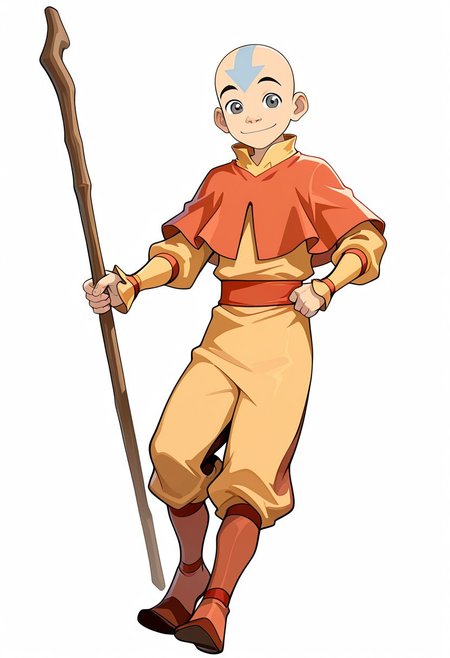 masterpiece, absurdres, high quality, perfect anatomy, 1boy, solo, cute boy, male focus, smiling, Aang, Grey Eyes, Bald, Blue Facial Marking, Blue Arrow (Symbol) Tattoo On Forehead, Air Nomad Outfit, Yellow Shirt, Long Sleeves, Orange Capelet, Orange Sash Belt, Yellow Pants, Brown Boots, holding staff, wooden staff, white background, simple background,