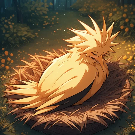 ((vibrant, detailed, detailed background, amazing quality, colorful, masterpiece, 8k, rtx)), beutiful background, BREAK 
<lora:zapdos-illus-14:1> pzapb, pokemon \(creature\), bird, 1other, sitting, sleeping, in nest,