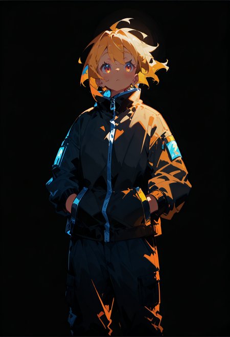 1girl,   golden hair, short hair,          
BREAK   1girl, standing, hands in pocket, pants,       
BREAK               Black clothes, long black gloves, black stocking, short black jacket, Idol, singer, (black background), simple background,    
BREAK safe, masterpiece, best quality, very aesthetic, absurdres, highres, newest, <lora:ponyv5_noobV065S_1_adamW:0.7>, <lora:lora:0.4>, <lora:Unstable_v1.0:1.0>