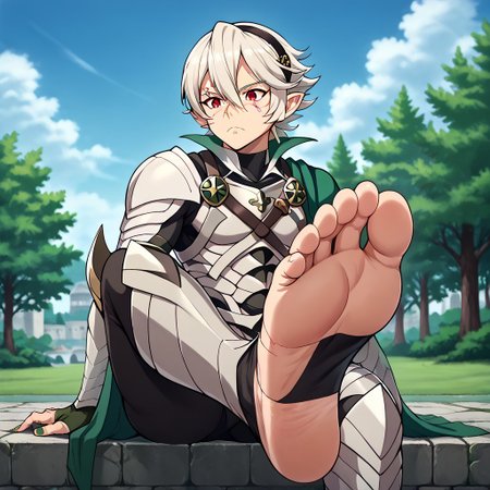 masterpiece, best quality, sharp aliasing, highly detailed, 1male, male body, male,EPfeCorrin, dark green cape, armour, dark green gloves, black pants, wearing pants, outdoors, evening, stone ground, tree, bush, buildings, windy, barefoot, toeless legwear, armoured legwear, armoured arms, shin armour, leg armour, leg and shin armour, shin guards, stirrup legwear, dark green stirrups, 5 toes, Quality, High Definition, Full body view, solo, slimes_sanemi, scar, scars, scar on face, scar on chest, scar on forehead, white hair, muscular, red eyes, slit eyes, pointy ears, sitting, green sword, green toenails, dirty feet, side view, grumpy expression, sitting on ledge, feet, soles, foot focus