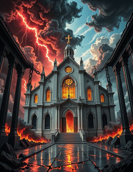 A once-majestic celestial temple, now under siege by the forces of Hell. The grand white stone structure is cracked and scorched, its golden crosses twisted and broken. The stained-glass windows, once glowing with warm divine light, are now shattered, with demonic symbols glowing ominously in their place. The sky, once a serene blue, is now consumed by dark storm clouds, swirling with red lightning and thick smoke.
Black, jagged chains extend from the sky, wrapping around the temple as if trying to pull it down into the abyss. The once-fluffy clouds beneath the structure are now a chaotic mix of fire, ash, and dark mist, with glimpses of molten lava cracks below. Infernal creatures with glowing red eyes lurk in the shadows, their silhouettes barely visible through the smoke and fire.
The temple doors are blown open, revealing an eerie red glow emanating from within, as if Hell itself is consuming the sacred space. Massive demonic runes are etched into the stone, pulsating with an unholy energy. The entire scene is bathed in a deep crimson and orange glow, giving it an apocalyptic and nightmarish atmosphere.
Style & Lighting:
- Dark fantasy, highly detailed
- Dramatic, high-contrast lighting with fiery glows
- Cinematic composition, epic scale
- Strong use of shadows, embers, and atmospheric foghighly detailed and atmospheric view from inside a massive birdcage, large enough for a human to stand inside. The cage is made of ornate, aged metal bars with intricate Victorian-style patterns, curving elegantly towards the domed ceiling. Sunlight filters through the gaps between the bars, casting long, dramatic shadows on the wooden floor. Delicate vines and small flowers have begun to grow around the bars, adding a touch of nature reclaiming the space. The background beyond the cage is blurred, hinting at a lush garden or a mysterious, abandoned mansion. The ambiance is serene yet slightly melancholic, with warm golden light illuminating dust particles floating in the air. Soft feathers are scattered on the floor, adding to the sense of quiet abandonment. The perspective makes the viewer feel as if they are inside the cage, looking outward, surrounded by both beauty and confinement. The style is highly detailed and realistic, with a cinematic and slightly surreal atmosphere.
<lora:SDXLFaeTastic2400:0.4> <lora:extremely_detailed:0.4> extremely detailed, <lora:evil_celestial_t3mpl3-i:1>,evil celestial t3mpl3, Masterpiece,best quality,hi res,8k,hi res,8k,award winning,(sharp focus, intricate, highly detailed),