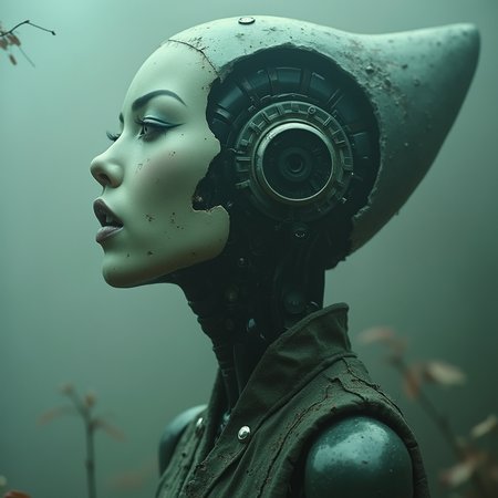 ((android:1.8) Geisha from film ghost in shell:1.5) cyborg parts,scream, creepy, dark movie atmosphere,, fog, natural light