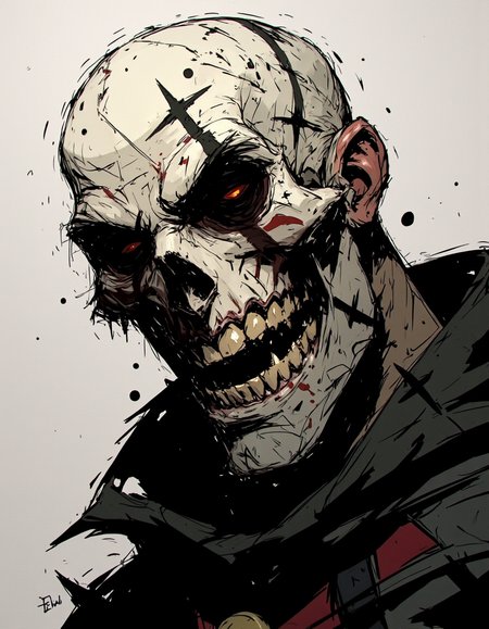 Ev Ganin style. A grin skull, motion lines, negative space, character, cybergoth aesthetic, Expressive Ink Dynamics. <lora:Ev_Ganin:1.0>