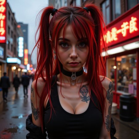 This picture is of an 18 year old pale skinned european LiviaFerreira woman who has petite facial features and very long red wavy hair in high pony tail. She has several body piercings including ears, nose and belly button. She has heavily stylised body tattoos on her arms and legs. She has a flat chest and petite skinny body shape with wide hips and slightly thick thighs and small feet and hands.
The setting is a post apocalypse city street with red neon japanese signage steam and smoke rise from a drain the atmosphere is close and heavy, there are sky scrapers in background the sky is inky and dark. 
This is a close up of her face.