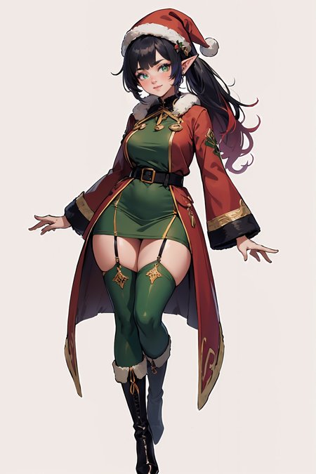 (masterpiece, best quality, highres, high resolution:1.2), extremely detailed, intricate details, 1girl, solo, looking at viewer, clamEmma, <lora:clamEmma:0.6>, (simple background, white background:1.2), full body, santa's elf, green outfit, stocking cap, high heel boots, smile, side-swept bangs, black hair, pink IncursioDipDyedHair, messy mid ponytail, green eyes, thick eyebrows, freckles, <lora:DipDyedHair:0.8>, <lora:weight_slider_v2:0.25>, (cinematic lighting, bloom, volumetric)