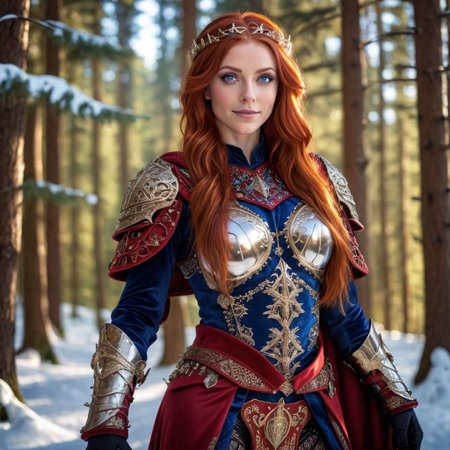 Odessa, masterpiece, 1girl NSFW:1.5, solo, red hair, long hair, smile, circlet, pants, cape, armor, closeup, full body, outdoors,(masterpiece:1.1), (best quality:1.1), 1girl, Real light and shadow, photo-realism, raytracing, 4k, 8k, wallpaper,epic, detail texture, red hair, (blue eyes:1.5), ((((red hair:1.35, medium hair)))), intricate eyes, beautiful detailed eyes, symmetrical eyes, big eyes:1.5, (((lustrous skin:1.5, bright skin: 1.5, skin tanned, shiny skin, very shiny skin, shiny body, plastic glitter skin, exaggerated shiny skin, illuminated skin))), (detailed body,(detailed face)), cute, erotic, daring, (((medieval armor, adventurer female armor, winter coat))), (((intricate outfit, intricate clothes, embroidered outfit, ornate outfit, embroidered clothes, ornate armor))), (dynamic pose:1.0), happy, smile, (centered, scale to fit dimensions, Rule of thirds), ((snowy pine forest at night)), with dark stormy clouds, winter scenery:1.25, ((snow forest background)), highres, sharp focus, (ultra detailed, extremely detailed), (photorealistic) (extremely detailed CG unity 8k wallpaper), (((vibrant colors,vibrant theme))), (intricate), (masterpiece),(best quality), lean on table, lace dress nsfw:1.5