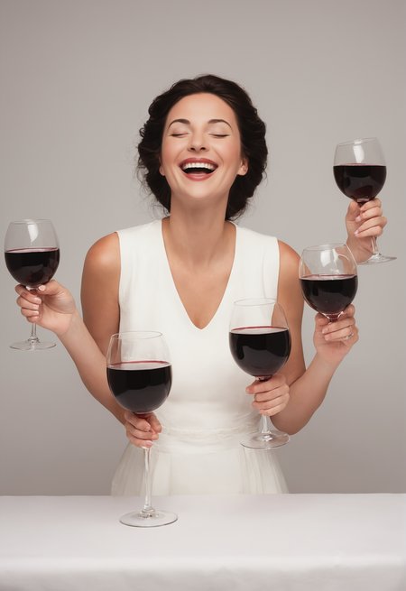 ethereal fantasy concept art of a dark hair French woman holding giant glasses of red wine in each hand, largest smile, (eyes closed:2.0), drunk, laughing uncontrollably, white summer dress, french restaurant, white table cloth, grilled steak, in the style of greg rutkowski . magnificent, celestial, ethereal, painterly, epic, majestic, magical, fantasy art, cover art, dreamy