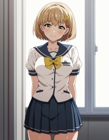 score_9, score_8_up, score_7_up, source_anime, uncensored, <lora:StS_detail_slider_v1:3>, zPDXLxxx, <lora:Kimie_Kamata_PONYXL_VexVexX:1>, KimieKamata, 1girl, yellow eyes, blonde hair, short hair, hair ornament, hairclip, hair flower, medium breasts, school uniform, serafuku, pleated skirt, yellow bow, cowboy shot, indoors, from front, standing, hands behind back, looking at view, thighs, smile,