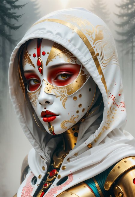 bright, atmospheric atmosphere. Glitch art background. metallic textures. Contrast with gold, white and a hint of red. Smeared paint and scratches. Artwork. female person. female person covered by a hood. Mystery and isolation. Hood is white, with complex patterns. golden mask with delicate feminine patterns. foggy background.  photorealistic style, feeling of depth and realism.  harmonious and loving atmosphere. Elements of nature and love with a touch of surrealism
perfection style, vivid colors, colorful, art by mooncryptowow, from side,