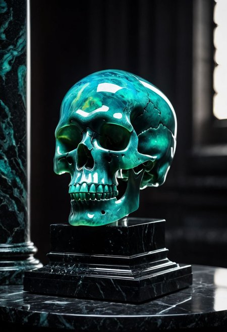 Fujifilm XT3, Sony A7 IV, (award winning photography) a (black: 0.79) marble skull made of opal set on a pedestal in temple, glistening. in the background beautiful pillars, divine (iridescent: 0.79), opalescent textures, volumetric light, ethereal, sparkling, studio photo, highly detailed, sharp focus (highest quality: 1.39) (highest coherency: 1.39) (award winning photography), highly detailed photography, (muted colors, cinematic, dim colors, soothing tones:1.2), vibrant, insanely detailed, hyperdetailed, (dark shot:1.2), (vsco:0.3), (intricate details:0.9), (hdr, hyperdetailed:1.2) (vignette), sss