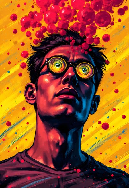 cinna flow, illustration art, red bubble floats, blue lines fall, upper-body, man, front, gaze, bright yellow swirling eyes, black and yellow with blue limit three colors, outline style, artistic, series, original. Very detailed, vibrant colors
