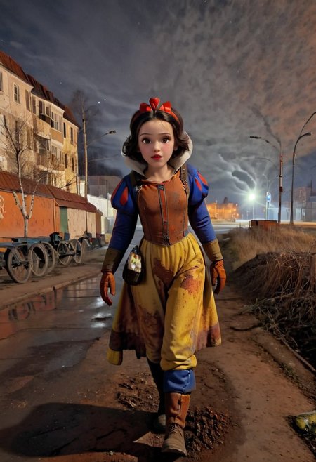 Rusted, rusted landscape, an adult Disney princess Snow White,  wearing a Hazmat suit, walking on a side walk in a run down russian city, smoke, chem trails, extreme close-up, portrait, raw, masterpiece, extreme insanely realistic detailed and intricate, extreme realistic detail, doomer aesthetics, depressing feelings, night, panelka,vintage painting,painting,realism,