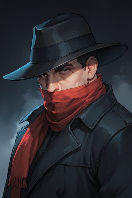 score_9, score_8_up, score_7_up, masterpiece, high quality, BREAK manly mature man, 40 years old
 <lora:The ShadowPonyLoRA:0.8>theshdw, scarf, mask, fedora, short hair, trench coat, at night, lighnting, very foggy,  black background, black red them, upper body, portrait, from side, looking at viewer, face zoom