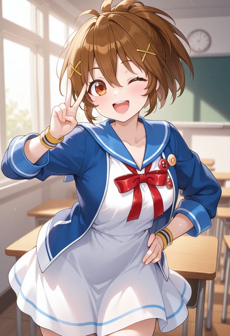 1girl,solo,<lora:akiserinail:0.9>,akesaka_serina,brown hair,brown eyes,ponytail,x hair ornament,hairclip,short hair,hair between eyes,dress,sailor dress,white dress,school uniform,blue sailor collar,blue jacket,button_badge,looking_at_viewer,cowboy_shot,smile,:d,open mouth,hand on own hip,wink,v,day,classroom,incredibly absurdres,masterpiece,best quality,good quality,newest,