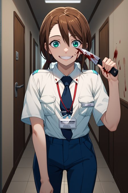 score_9, score_8_up, score_7_up, score_6_up, source_anime, 1girl, solo,  <lora:rnnae-pdxl-nvwls-v1-000005:1> tennoujinae, brown hair, low twintails, turquoise eyes, white shirt, collared shirt, short sleeves, dark blue necktie, lanyard, blue pants, grin, yandere, empty eyes, holding knife, knife, hallway, looking at you, blood splatter, blood, hand up