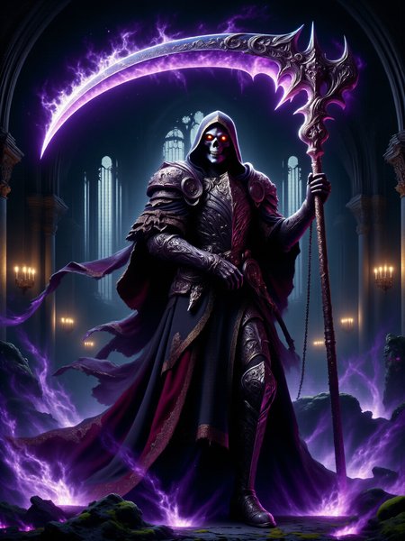 an atmospheric classical painting, dark night, full body view from a low angle, a towering undead knight holds a legendary war scythe, the blade describing a semicircle over his head, he is cloaked in an intricately decorated, ornate robe embroidered with occult symbols and arcane sigils, the imposing robe billows slightly around him, under the robe, he wears gleaming, ornate steel plate armor, including plate gloves and bootsâancient artifacts from a long-gone era, decorative spiked chains hang loosely from his robe, his hollow eyes burn with an unnatural, cold fire beneath a shadowy hood, casting a faint glow on his skull, the blade of the scythe is engulfed in eldritch purple to blue flames that lick and twist through the air, casting surreal light and dancing shadows onto the cobblestone floor below, the knight's posture is rigid and powerful, the background consists of a castle's grand hall with towering gothic arches and arched windows with stained glass, the gothic architecture looms above, its vastness stretching upward into darkness, ominous shadows creep along the walls and arches, adding depth and tension to the scene, the primary light source comes from the eldritch flames engulfing his scythe and the knight's unnaturally burning eyes, the environment looks ancient and ominous, with crumbling stone walls overgrown with dark green moss and otherworldly bioluminescent leafy vines glowing faintly with purple light, a very low-angle perspective looks up at the skeletal knight, emphasizing his intimidating size and power, perfectly symmetrical architecture, intricate details, detailed skeletal head wearing a hood, detailed background, dark corners, style of fritz zuber-buhler, <lora:style-fritz_zuber-buhler-flux-by_tangbohu:0.68> <lora:scythe-flux-by_hailoknight:0.72> <lora:image_enhancer-flux-by_dever:1.0>