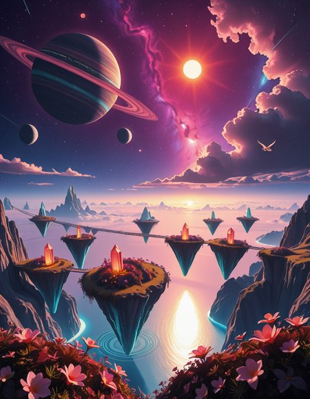 A breathtaking, high-resolution photograph of a celestial paradiseâa stunning, habitable planet floating in the vastness of space. The sky is a mesmerizing blend of deep purples, blues, and pinks, illuminated by twin suns casting golden light over the landscape. Towering crystal mountains shimmer in the distance, reflecting the vibrant hues of the nebula-filled sky. A vast, glowing ocean stretches across the horizon, its surface gently rippling with bioluminescent waves. Floating islands covered in lush, alien vegetation hover above the water, connected by natural bridges of luminescent vines. Exotic, radiant flowers bloom in every color imaginable, while gentle, ethereal creatures with translucent wings glide through the air. In the sky, a massive ringed gas giant looms majestically, its swirling clouds casting soft shadows over the dreamlike terrain. The air shimmers with floating particles of light, creating a surreal, otherworldly ambiance. The entire scene feels like a cosmic utopiaâtranquil, awe-inspiring, and untouched by time.
<lora:SDXLFaeTastic2400:0.4> <lora:extremely_detailed:0.4> extremely detailed,Celestial p4r4d1s3, <lora:Celestial_p4r4d1s3-i:1>, Masterpiece,best quality,hi res,8k,hi res,8k,award winning,(sharp focus, intricate, highly detailed),