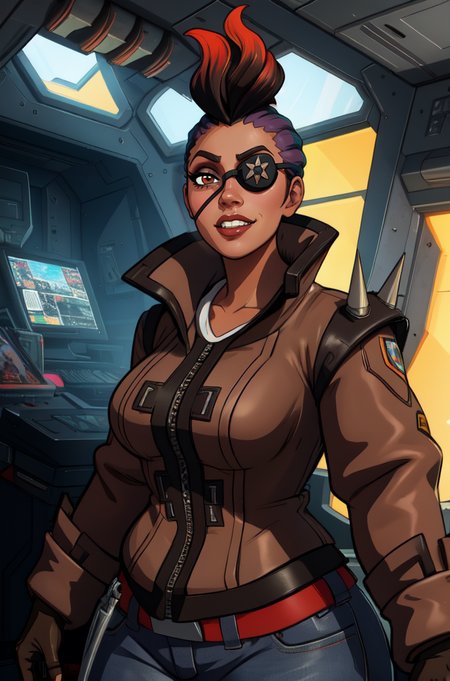 reyna, multicolored hair, eyepatch, mohawk,  brown eyes, 
brown jacket , zipper, gloves, 
plump, 
standing, upper body,  smile, 
cyberpunk, space pirate ship, indoors, 
(insanely detailed, beautiful detailed face, masterpiece, best quality) 
 <lora:reyna-10:0.7>