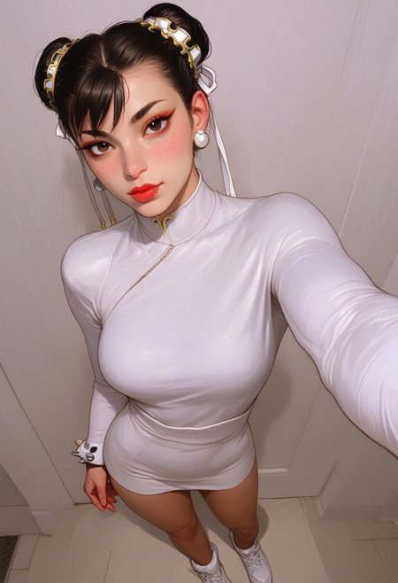 score_9, score_8_up, score_7_up, , solo, (18+),, ( cute:1.3), (chun-li :1.5), (seductive expression:1.3), (wearing costume, dress,:1.5,), (unique fashion and hairstyle:1.5), , (black eyes),  (big eyes:1.1), (Expressiveh,Beuty), (realistic photograph style, realism, realistic illustration:1.5),  freckles, beautiful skin complexion,(skinny,petite:1.2), super model, (standing:1.3), ,  (selfie pov:1.3),, looking at viewer, teasing viewer, (muscular:1.3), (toned legs:1.6) (full body shot:1.3),