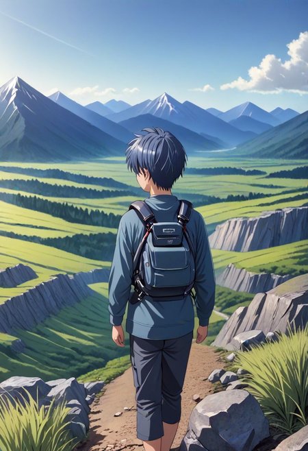 high resolution, solo, best quality, 1Boy, Tomoya Okazaki, Grey Blue Hair, landscape, looking away, high mountain, hiking gear, shallow depth of field, OverallDetail