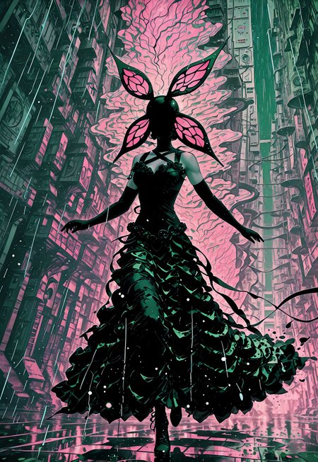 [wow such stack],
solo, (running:1.3, three quarter view), rain,
1girl, (dgram4aria:1.3), black dress, dress, elbow gloves, no eyes, flowing dress, very long dress,
(detailed background:1.1),
0010011_illu, mhh, MythAn1m3, contrast, limited palette, pink, green, sci-fi, illustration, retro, [abstract],
backlighting, particles, intricate, cinematic, dynamic, action,
newest, highres, absurdres, amazing quality, best quality, ultra-detailed