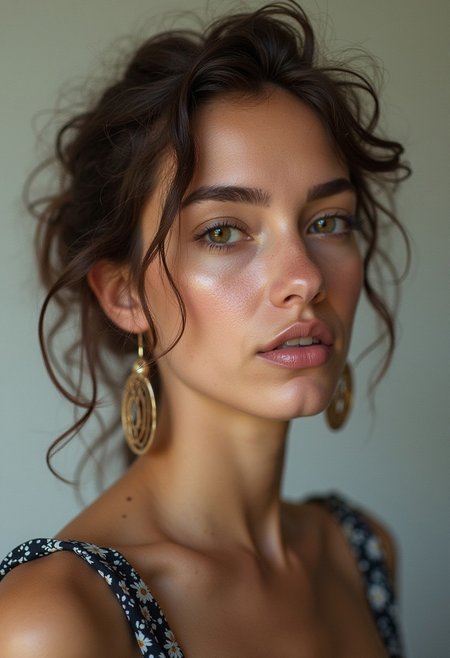 add circle earrings and make  her age 40years old