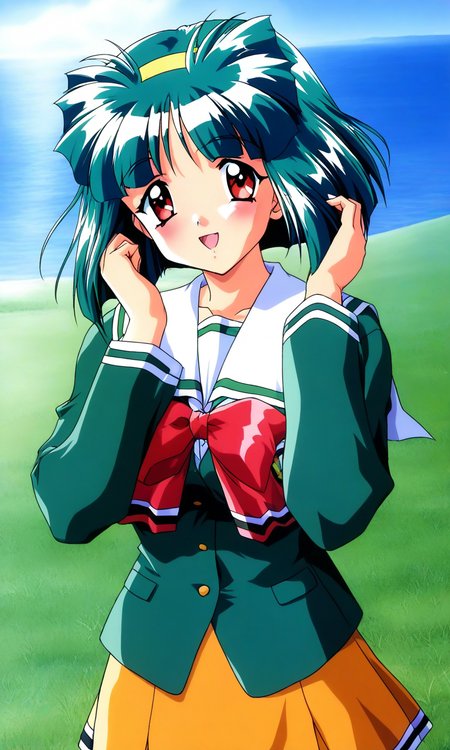 general,highres, ultra-detailed,very aesthetic,best quality ,best hands, BREAK <lora:Sakura_Kaedeko_Tokimeki_Memorial2_IS:1>
Sakura_Kaedeko(Tokimeki_Memorial2), 1girl, solo, short hair, green hair, yellow hairband, red eyes, bangs, breasts, 
school uniform,  bow, green shirt, long sleeves, shirt, pleated skirt, orange skirt, red bow, sailor collar, smile,
looking at viewer, open mouth, yellow skirt, jacket, :o, cowboy shot, standing,
blue sky, grass,