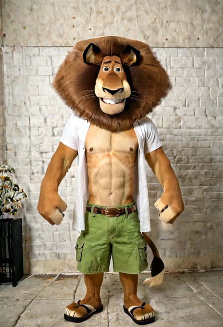 (((AlexLion, solo, 1 boy, young, cartoony proportions, correct anatomy, muscular body, biceps anatomy correct, huge pectorals, huge biceps, six-pack abs, huge muscles, muscular abs, big pecs relief press, extremely beautiful and cute face, perfect face, ultra quality face, 8k eyes, perfect eyes, ultra quality eyes, perfectly detailed blue eyes, white iris with perfectly detailed pupils, ultra quality fur, soft and delicate fur))), (((yard background))), (((wearing blue wide open shirt with short sleeves, (((light green cargo shorts with brown belt, Timberland Sandals))), roasts kebabs on the grill))), (((face focus, kindly smirk, grin, cute smiling))), (((kindly looking at viewer, cutie, radiant, cute, handsome, beautiful, kind, sweety, extremely charismatic, majestic, friendly, simply irresistible, well-mannered, polite, cultural, stunning, attractive, charming, super good looking, hot, sexy, mature, adult, pacifist, calm, gently looking at viewer, face focus, ultra detalization, perfect detalization, outstanding quality, perfectly detailed, ultra HD quality, photorealistic, ultrarealistic, highest resolution, ultra resolution, 4k, 8k, 3D))) (((<lora:Alex_the_Lion_Madagascar_-_Pony_XL:1>)))