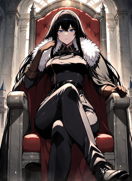 <lora:Karina_Dragonia__The_Knight_King_Who_Returned_with_a_God__Illustrious:1>
1 girl, solo, blue eyes, long hair, black hair, loose hair, hair between the eyes, bangs, sidelocks,
black jacket, black uniform, black gloves, uniform, black cape, black shoes, black pants, jacket, elbow gloves, belt, brown gloves, fur-trimmed cape, 
(Anime_source),Masterpiece,(perfect female body:1.2), small waist,(incredibly detailed:1.4), slim, beautiful fingers, parted lips, looking at viewer, sitting on throne, crossed legs, castle room background