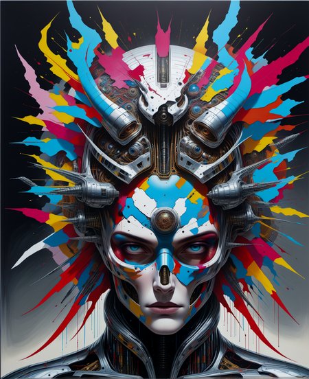 evil armored god,Panoramic,masterpiece,best quality, <lora:SandraChevrierXL:0.8>,sachr style,futuristic,ethereal,aesthetic (abstract warpaint),8k,awardwinning,trending on artstation and deviantart