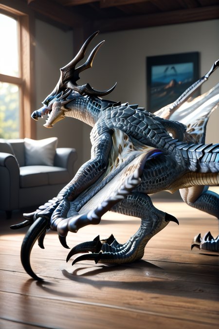 source_furry, score_9, score_8_up, score_7_up, (wyvern_xv, wyvern, feral), scalie, silver scales, detailed scales, horns, blue eyes, detailed eyes, claws, tail, winged arms, <lora:FF_Wyvern08:0.8>, indoors, living room, on ground, side view, zPDXL2, zPDXLpg, zPDXLrl, shaded, best quality, highly detailed, extreme detail, photorealistic