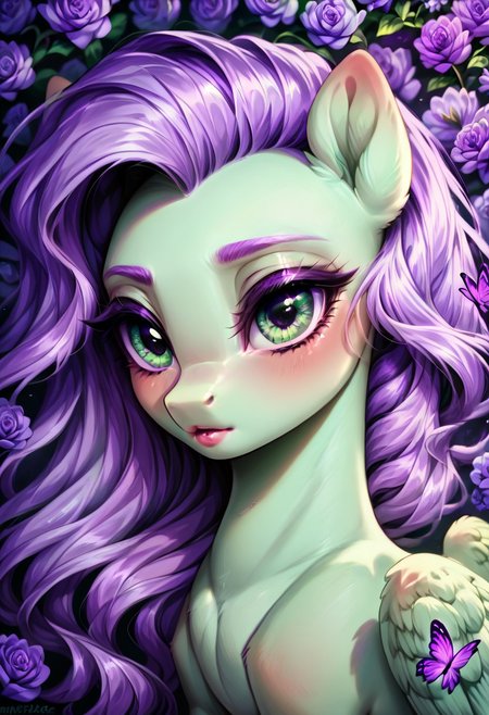 masterpiece, score_9, score_8_up, score_7_up, score_6_up, (best quality:1.1), ultra-detailed, high resolution, (ANTHOR), (ANTHROPOMORPHIC),  (Feral pony), (SOLO), (1WOMEN), (PEGASUS), ((LAVENDER TEA)), (highly detailed pony face:1.5), (pony nuzzle), (beautiful detailed pale green shiny eyes), (long detailed eyelashes:1.3), (soft blush:1.5), (shiny soft lips:1.2), (detailed extremely long pastel purple hair:1.9), (light purple hair:1.7), (pale purple flowers:1.5), (detailed pastel green fur:1.5), (shy expression:1.3), ((pastel purple flowers and butterflies background:1.7)), (laying down on purple bed), (pastel purple butterflies:1.5), (flat chest:1.2), (skinny figure:1.1), (open wings), high quality, sharp, the quality of ai art is frightening, highly detailed, Highly Visible, sharp focus, high detail, detailed background,