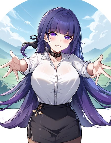 score_9, score_8_up, score_7_up, source_anime, <lora:raiden-mei-office-lady-ponyxl-lora-nochekaiser:1>, raiden mei, long hair, purple hair, bangs, purple eyes, blunt bangs, bangs, gradient hair, hair ribbon,, office lady, white shirt, shirt, pantyhose, skirt, black skirt, long sleeves, large breasts, choker, black choker, sleeves rolled up, floating island, sky, clouds, greenery, magical, , <lora:incoming-hug-ponyxl-lora-nochekaiser:1>, incoming hug, looking at viewer, reaching, reacing towards viewer, outstretched arms,, bedroom, smile, blush, parted lips, looking at viewer, solo,, dutch angle, cowboy shot