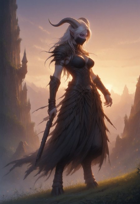 (absurdres, best quality, masterpiece:1.4), score_9, score_8_up, score_7_up, score_6_up, detailed, detailed body, detailed face, world of warcraft, fantasy, 

fFaceDetail, SkinDetail, ((female, draenei, tall, athletic arms, pale white skin, smooth skin, long white hair, purple eyes, no pupil, no sclera, long white tail), (h0rns, ram horns, white horns), 
(long fingers, purple fingernails, purple nail polish)), 

(long loose black dress, simple armlet, black facemask, yellow silk scarf), GunMonk, shotgun, holding shotgun,

full body, side view

outdoor, evening, mountains, sunset