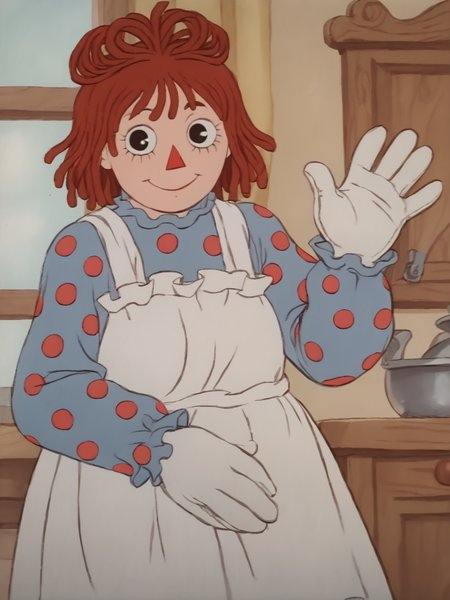 score_9, score_8_up, score_7_up,  score_6_up, BREAK, RaggAnn, 1girl, solo, red hair, smile, apron, black eyes, polka dot, blue dress, white gloves, raise left hand, waving, looking at viewer,  <lora:Raggedy_Ann-000009:1>