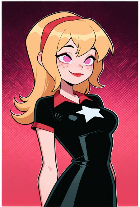 <lora:lucybig:1>, lucybig, long hair, blonde hair, red hairband, pink eyes, lipstick, smile, short sleeves, star (symbol), short dress, black dress, freckles,  red theme,  dynamic pose,, masterpiece, best quality, amazing quality, very aesthetic, absurdres, newest,, upper body, halftone effect, white borders, abstract background:1.2,