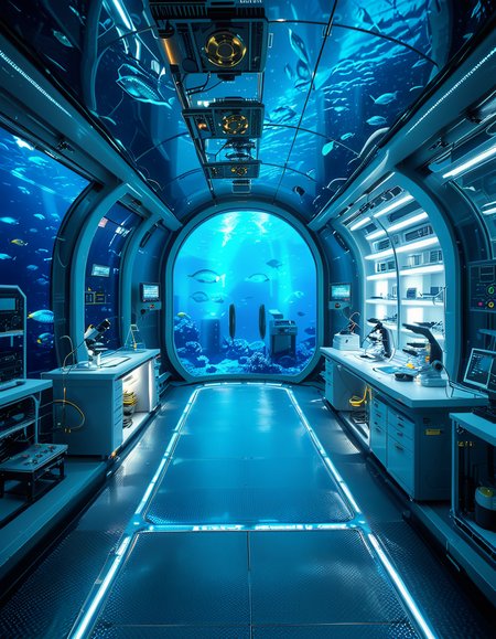 A futuristic underwater research laboratory,underwater research l4b0r4t0ry, located deep beneath the ocean's surface, surrounded by vibrant marine life and illuminated by soft, bioluminescent lighting. The laboratory features large, reinforced glass domes offering a panoramic view of the surrounding blue abyss, with schools of colorful fish and rays of sunlight filtering through the water above. Inside, advanced scientific equipment, glowing computer screens, and researchers in modern wetsuits or lab coats are visible, conducting experiments. The structure is sleek and metallic, with curved, aerodynamic designs to withstand water pressure. Coral reefs and marine plants grow nearby, adding natural beauty. The lighting is a mix of cool, bluish tones, with faint yellow lights from the laboratory windows creating a contrast. The atmosphere is calm yet futuristic, with a focus on scientific exploration and harmony with the marine environment.
<lora:SDXLFaeTastic2400:0.4> <lora:extremely_detailed:0.4> extremely detailed, <lora:underwater_research_l4b0r4t0ry:1>