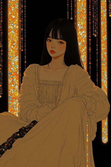 A hyper-realistic full-body portrait of an Asian woman with a sleek black bowl-cut hairstyle, her razor-sharp bangs perfectly concealing her eyes, casting a mysterious shadow across her porcelain-like skin. Her pale, glossy complexion gleams with an oily finish, giving her an ethereal, avant-garde presence. She dons a Ballets Ruffled Dress in crisp, immaculate white, crafted from a luxurious blend of cotton and polyester. The dress features full sleeves, a stand collar, a single-breasted closure, and cascading ruffles that add delicate charm to its casual yet surreal design. Her feet are adorned with black leather high-heel shoes embellished with surreal iridescent floral patterns, shimmering like jewels under soft, focused lighting. She strikes a dynamic, avant-garde pose, her body tilted slightly with one arm extended gracefully while the other rests near her waist, exuding elegance and controlled intensity. The background is a deep, pitch-black void illuminated by glowing, sparkling golden grills that form intricate geometric patterns, creating a dramatic, high-fashion atmosphere. Photographed in 8K with a Canon EOS R5, paired with a 70-200mm f/2.8L lens at ISO 100 for razor-sharp detail and creamy bokeh. Rendered in Octane Render, post-processed in Adobe Lightroom, and enhanced using Topaz Gigapixel AI to bring out stunning clarity and depth, inspired by Alexander McQueen's visionary designs.