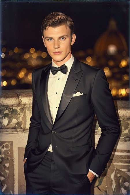 male model, black suit, seductive, Florence, Italy background, night, bokeh, depth of field, (upper body:1.0), best quality, intricate details, detailed eyes, masterpiece, film grain, 1980s, kodakchrome,  flashlight  <lora:flashlight_v10:1>