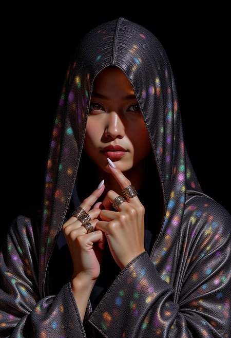 (highly detailed, 8K, high-definition DSLR portrait illustration) A Southeast Asian woman with a sharp jawline and refined bone structure is partially veiled beneath an intricate, flowing hooded garment made of iridescent metallic fabric. The material catches the low, directional light in cascading reflections of silver, amethyst, and pale green, creating an ethereal aura around her. Only her intense eyes and the tops of her shoulders remain visible, emerging from beneath the shimmering folds of fabric that frame her face in soft arcs.
The hood is pulled forward, casting delicate shadows across her high cheekbones and emphasizing her angular, sculptural features. Her hands, positioned gracefully near her face, are adorned with ornate rings in antique gold and hematite, each bearing intricate, possibly handcrafted designs, contributing to the overall atmosphere of opulence and mystique.
Set against a deep charcoal-black background, the brilliance of the reflective textile and the glint of the jewelry command attention, drawing the eye to every detail. The low-key lighting sculpts the scene with contrast and depth, enhancing the moody, luxurious tone of the portrait. This composition blends high fashion with art photography, capturing a sense of regal, enigmatic elegance.