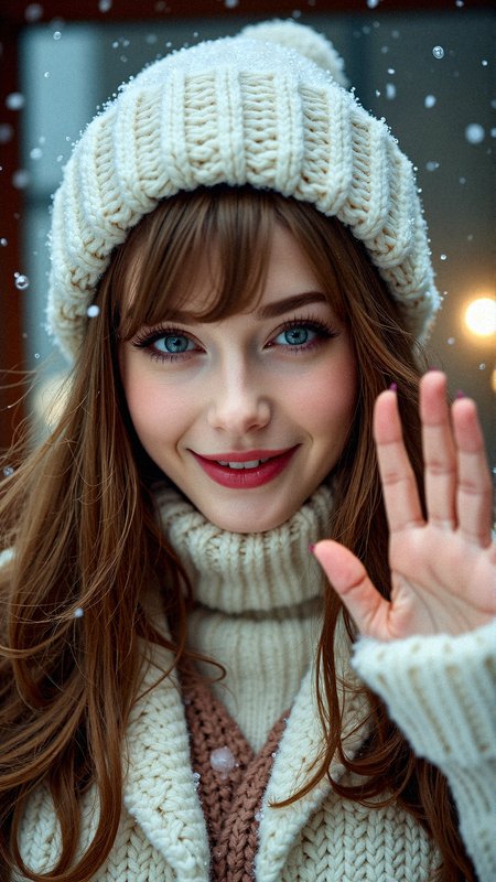 Extreme photorealistic photography of Snowy Elegance with Playful Expression. A woman, light blue eyes, pink lips, Mid-shot, waving with one hand, snowfall gently falling.Softly lit background with frosted windows,

Extreme emphasize on photorealistic, realistic detail, realistic reflection detail and realistic background detail. 















