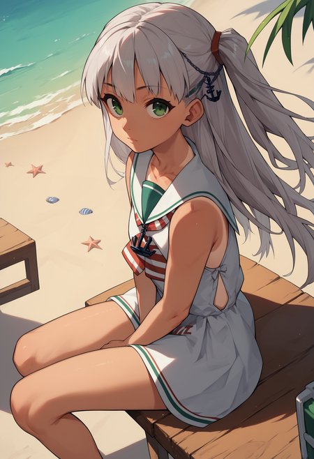 score_9, score_8_up, score_7_up, score_6_up, score_5_up, score_4_up, BREAK, beach, wooden table, sitting, looking at viewer, from side, 
<lora:maestralev1-000012:1>, maestralekc, one-piece tan, tanlines, grey hair, one side up, green eyes, long hair, anchor hair ornament, maestralebase, sleeveless dress, clothes writing, neckerchief, white sailor collar, anchor necklace, hair tie,