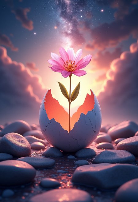 A captivating conceptual illustration portrays a breathtaking scene of rebirth and growth. A fragile, pink blossom emerges from a cracked egg, illuminated by a tender, heavenly glow. The once-intact orb now bears the scars of metamorphosis, symbolizing the emergence of new life from the fragments of the past. The flower, a symbol of hope and vigor, ascends towards the celestial light, alluding to a connection to the divine or the infinite. The serene surroundings, a field of polished stones, imparts an aura of calm and balance to the scene, highlighting the delicate equilibrium between creation and destruction. The vibrant colors and cinematic composition create a striking and thought-provoking visual masterpiece. ultra quality, 8k, best quality, masterpiece, midjourneyv6.1